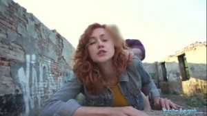 Public Agent Sexy redhead waitress sucks cock and gets fucked doggystyle outside in public