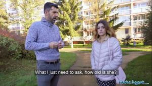 Public Agent Tight Spanish babe gives blowjob and fuck behind husbands back