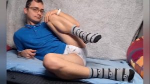 Nerdy college boy with big cock masturbates after classes and cums on socks