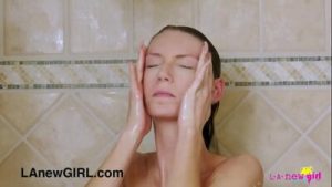 Skinny blonde took a shower