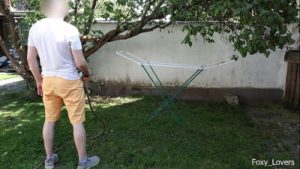 Girlfriend hangs laundry in shorts, I spray her… and things get wild