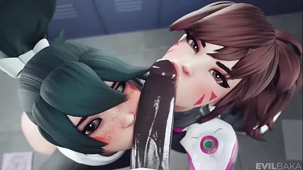 Kiriko and Dva sucking big black cock