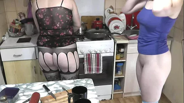 Lesbian mature milf Sexy Frina and bisexual cute teenager Assol kiss and cook dish lazy pizza in kitchen in short T-shirts without panties. Big butt milf. Perfect ass girl teen. Sexy stockings Fetish. Old and young. Blonde Brunette. Naturists Home nudism