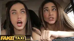 Fake Taxi – threesome in the back with two sexy young Spanish babes horny to ride drivers dick