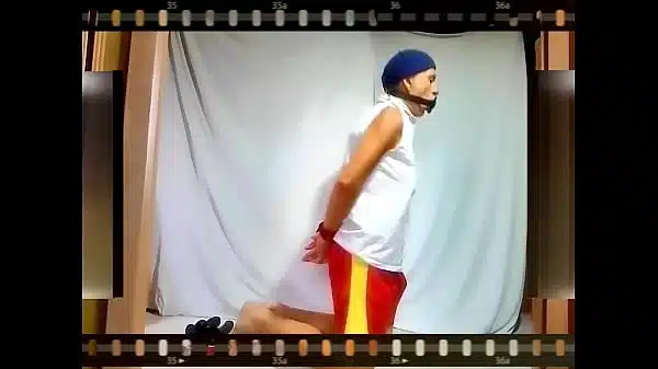 naked pathetic white slave appear dressed on party, striptease, punish himself put clamps on gay balls, CMNM