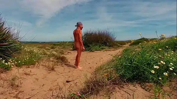 naked pathetic white slave cruising in penis cage at the gay beach banana cucumber fuck, CMNM