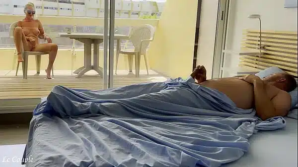 Naked wife was already watching nudists on street when husband woke in the morning