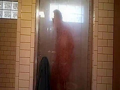 Old *** sitter viigorously rubbing clit and asshole in shower