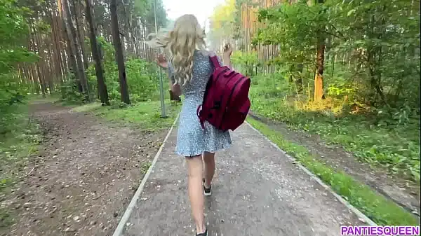 Public dare – stepsister walks around naked outdoors in park and plays with remote control vibrator in her pussy