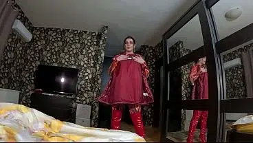 Red Nylon Jumpsuit Fetish – Cameltoe Tease, Deep Blowjob and Cum on My Downjacket