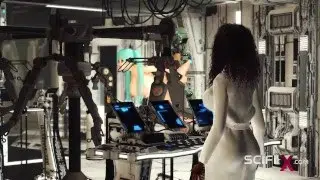 Sex in a spaceship. Space busty girl in cuffs gets fucked hard by sex robot in the lab