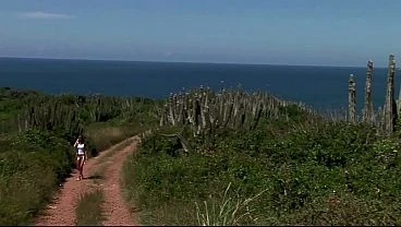 Slim blonde in outdoor threesome