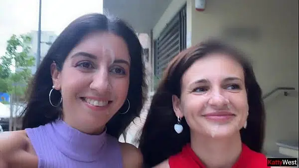 Slutty Neighbors Ask for Cum on Their Cute Faces for Public Cumwalk