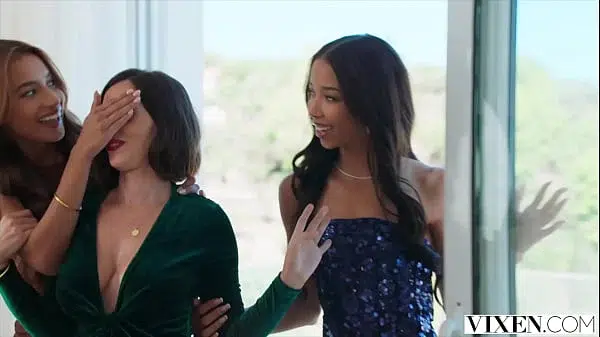 VIXEN Gorgeous babes share stiff cock in foursome