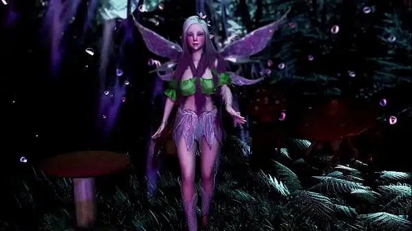 Young virgin fairy with long hair dancing sensually in a fantasy forest