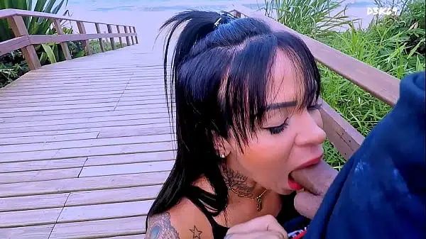 Beautiful deepthroated brunette shoots her first porn in public – cum in the mouth
