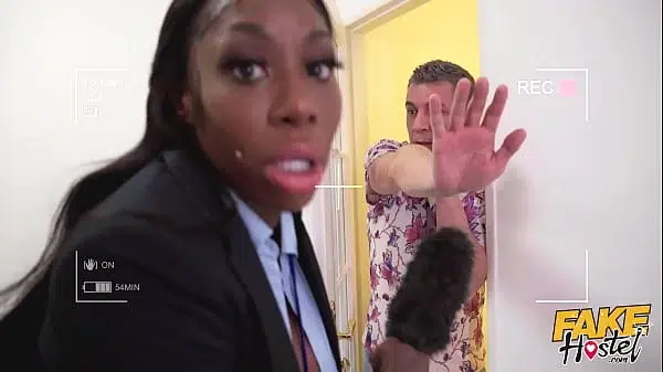 Fake Hostel – News reporters trying to get a sexy scoup end up in big tits threesome starring Ebony Mystique and Lady Gang