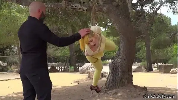 Nerea Falco In Yellow Tights And See Through Shirt Tied Up And Hanged On A Tree In Public Park D And Ass Plugged